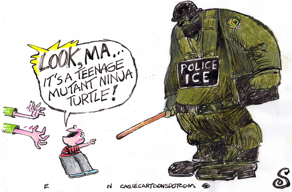 Child Mistakes ICE Agent in Green Gear for Ninja Turtle