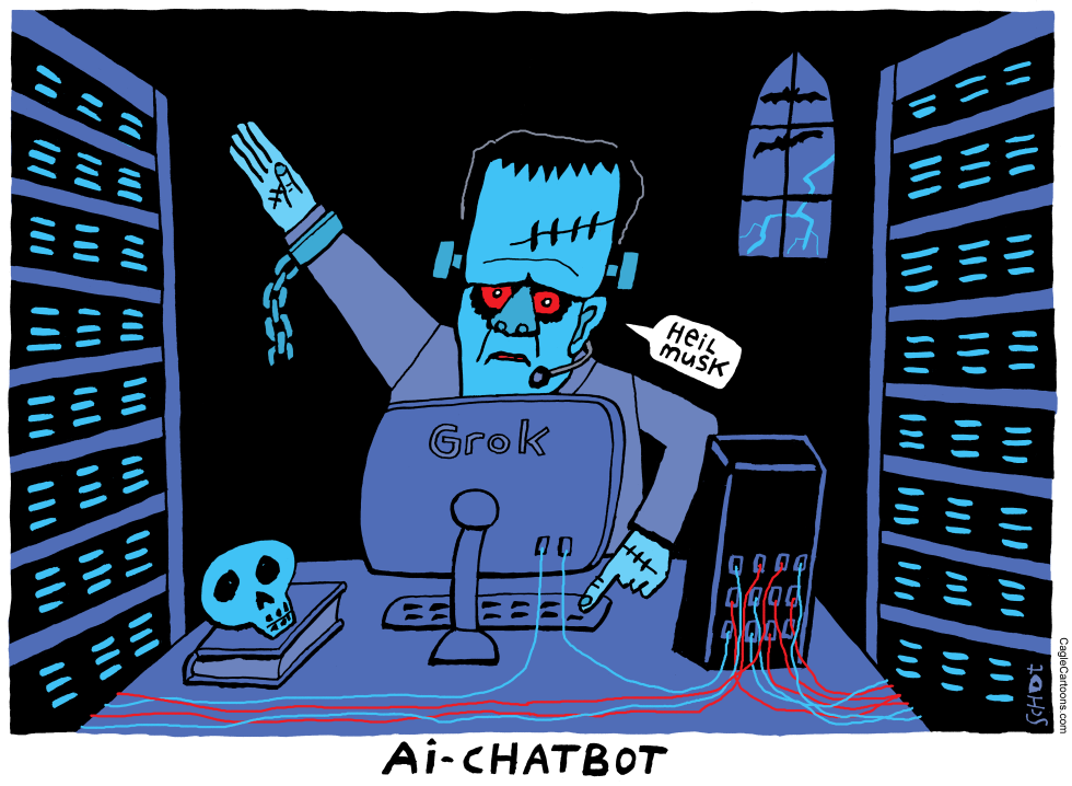 Frankenstein monster as AI chat bot of Musk
