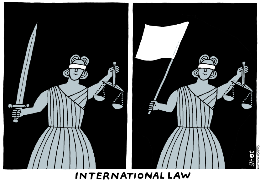 Justice blinded with sword and white flag