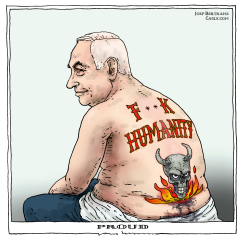 NETANYAHU PROUDLY SHOWS HIS GAZA TATTOO by Joep Bertrams
