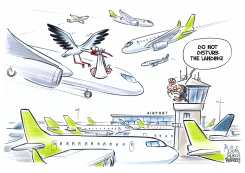 STORK WITH A NEWBORN IS TRYING TO LAND IN AIRPORT by Gatis Sluka