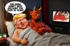 TRUMP IN BED WITH DEVIL WATCHING SOUTH PARK by Bart van Leeuwen