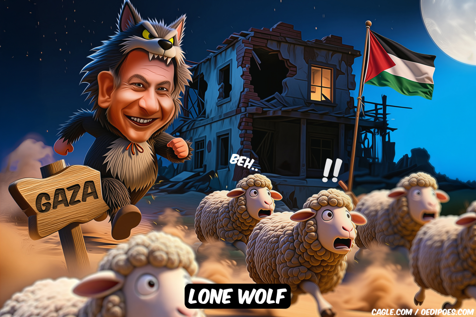 Netanyahu the Lone Wolf running after sheep