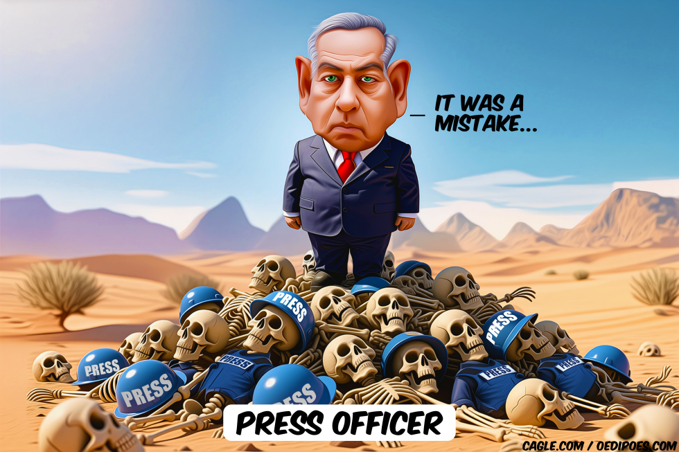 Netanyahu standing on pile of skeletons