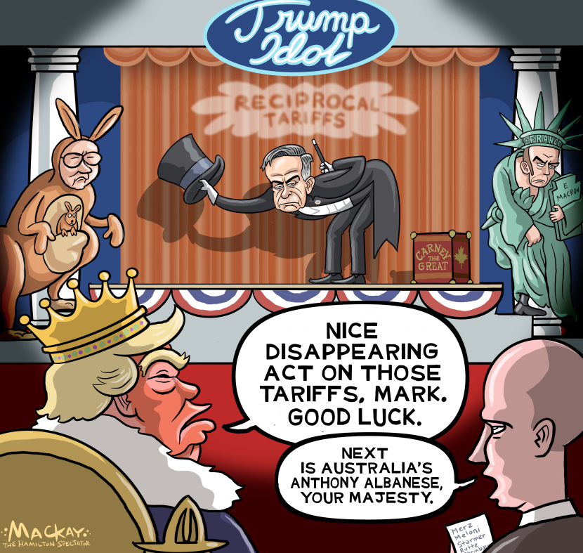 In this tariffs satire, world leaders like Mark Carney and Anthony Albanese perform for King Trump in a trade diplomacy parody.