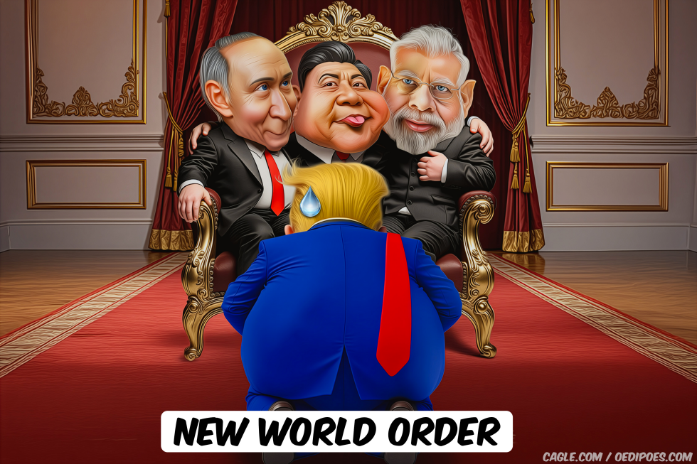 Trump kneeling before, Putin, Xi and Modi