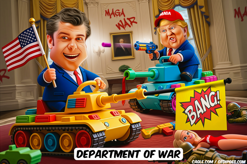 Trump and Hegseth riding toy tanks