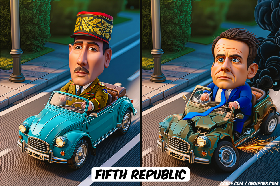 De Gaulle and Macron riding in Deux Chevaux