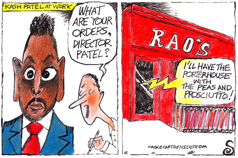 This cartoon mocks inefficient FBI through Kash Patel ordering food at RAOS restaurant amid a congressional hearing vibe.