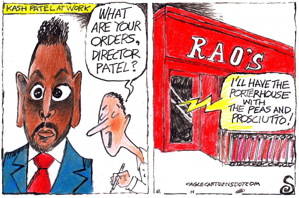 This cartoon mocks inefficient FBI through Kash Patel ordering food at RAOS restaurant amid a congressional hearing vibe.