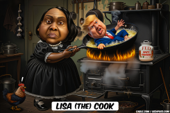 LISA COOK FRYING TRUMP IN FRYING PAN by Bart van Leeuwen