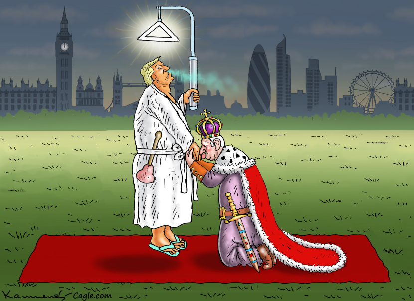 In this cartoon tagged Trump, King Charles, and UK, a robed figure resembling Trump stands over a kneeling royal while holding a crown.