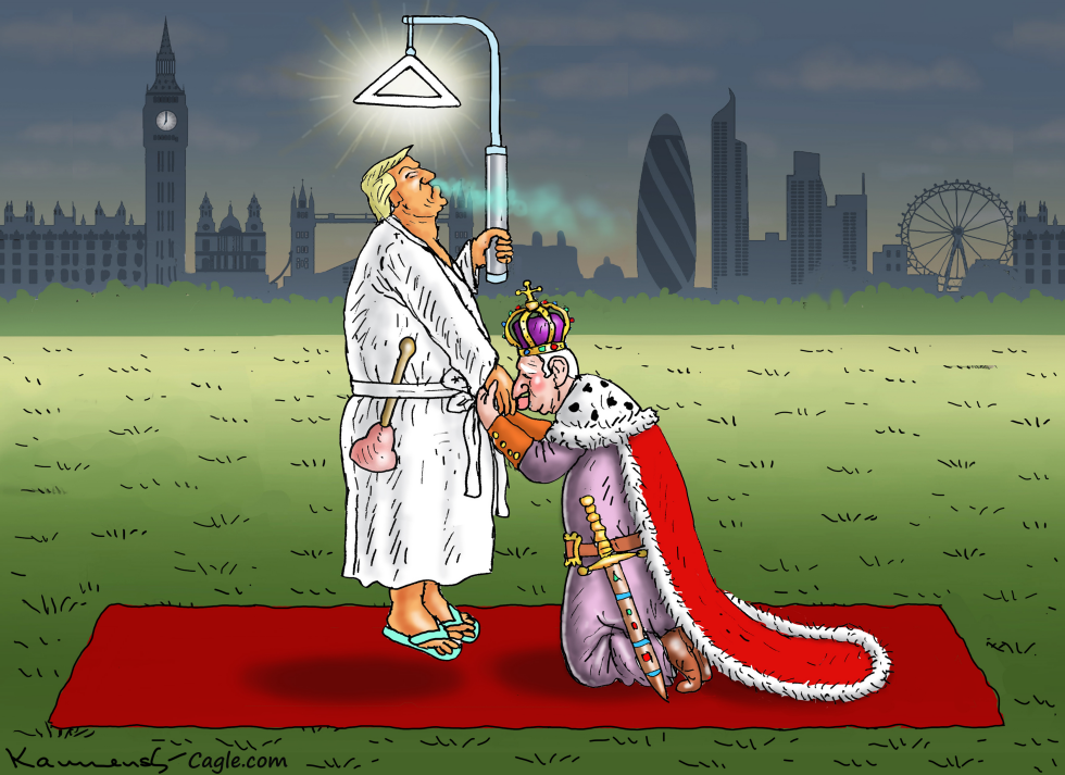 In this cartoon tagged Trump, King Charles, and UK, a robed figure resembling Trump stands over a kneeling royal while holding a crown.