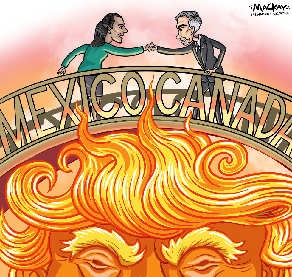 Mexico and Canada meet above flaming Trump