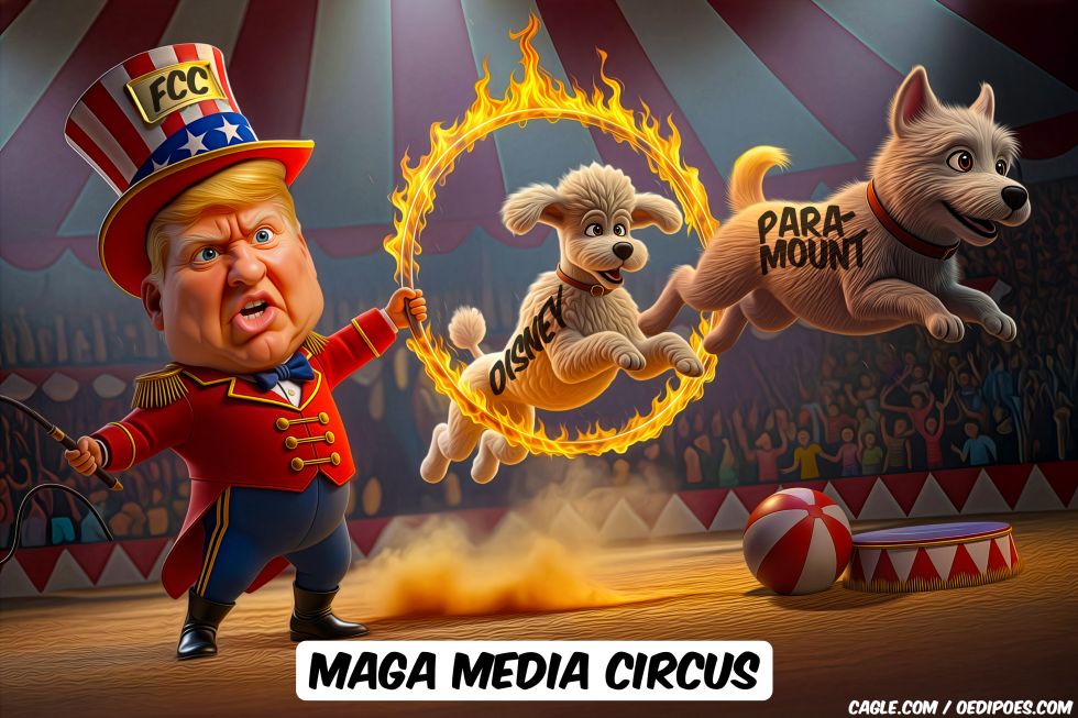 Trump the circusdirector holding burning hoop