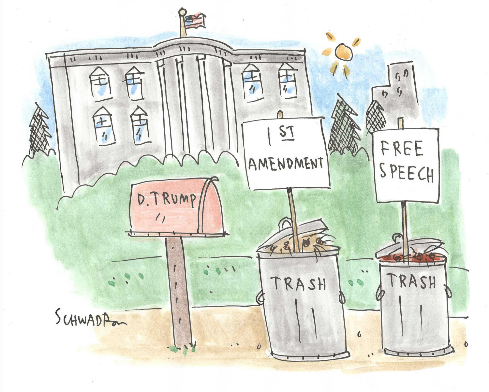 Free speech and First Amendment land in trash near Trump mailbox at government site.