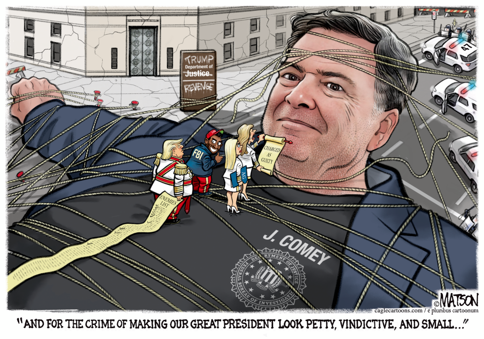 Cartoon depicts James Comey bound by Trump-era DOJ figures in Gulliver-style scene