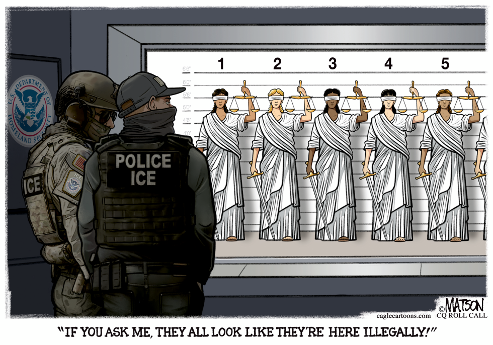 ICE agents examine lineup of robed figures with scales
