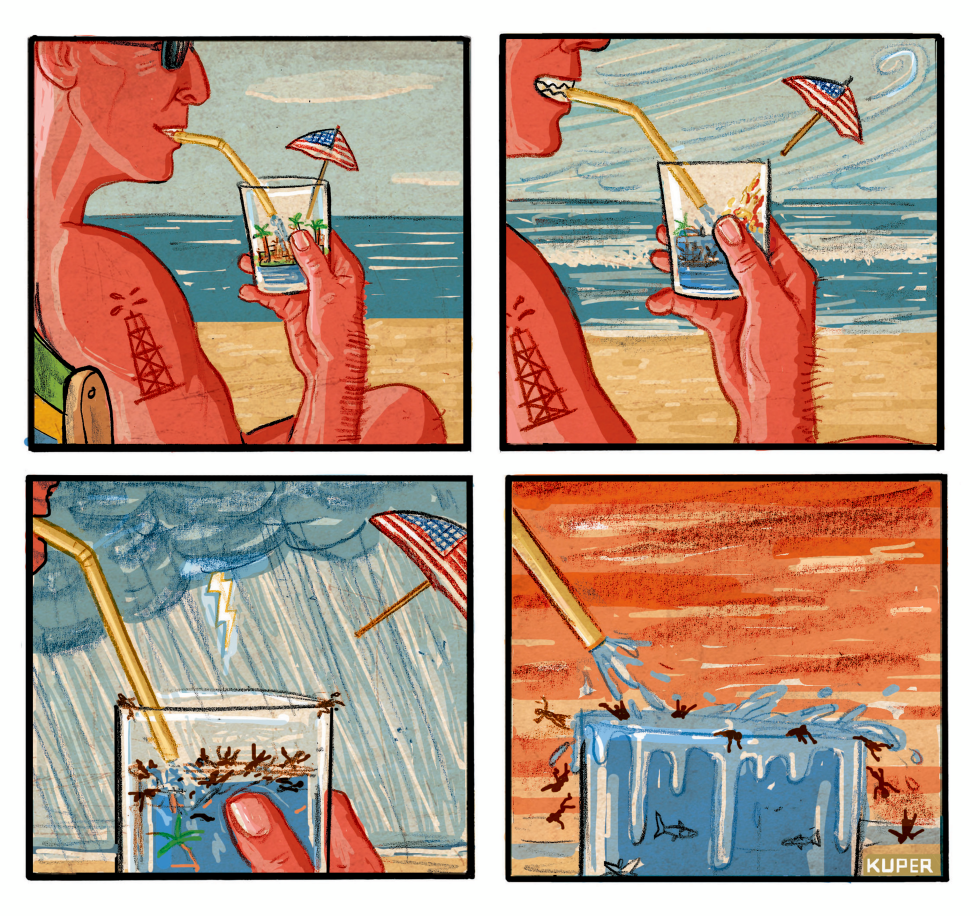 Cartoon Links Fossil Fuel Use to Rising Sea Levels and Island Submersion