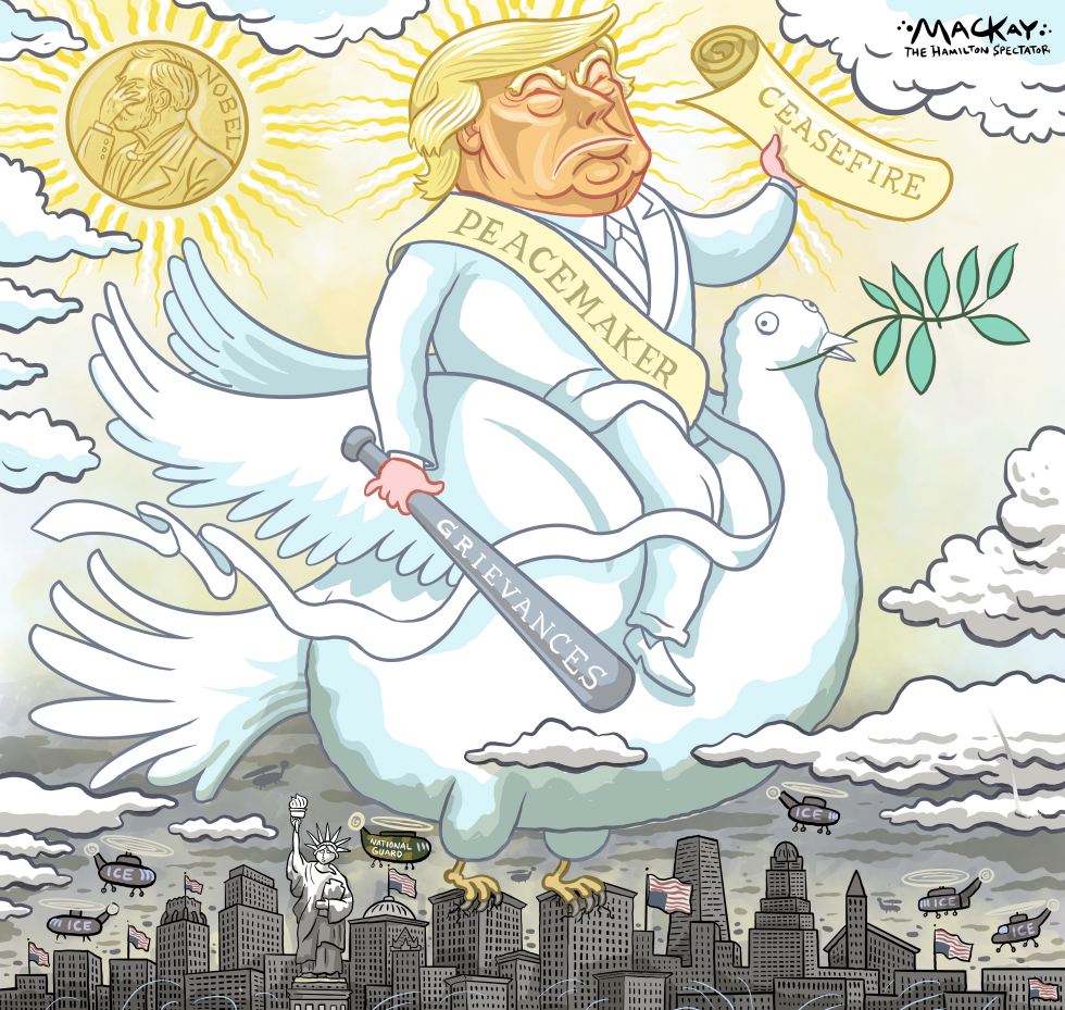 Trump rides a peace dove armed with a stick
