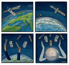 TRUMP DISMANTLES NASA CLIMATE SATELLITES   by Peter Kuper