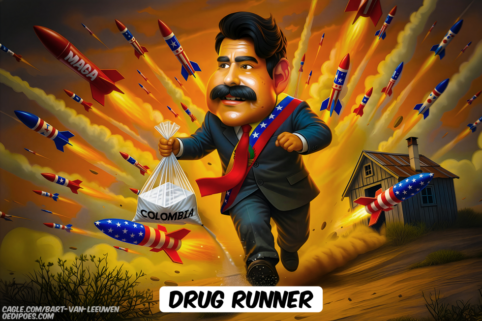 Maduro Flees MAGA Missiles in Explosive Drug Runner Cartoon