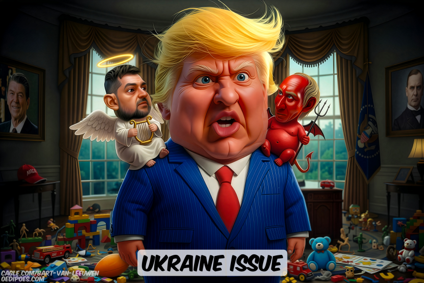 Trump with Zelensky and Putin on his shoulder