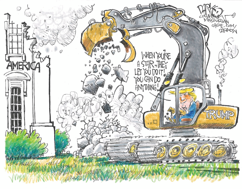 Trump Operates Excavator to Demolish Building Marked America