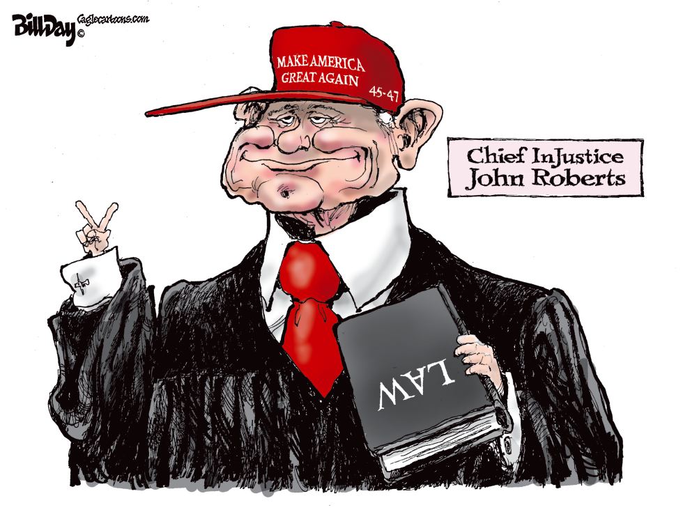 Chief Justice John Roberts depicted in MAGA hat holding law book