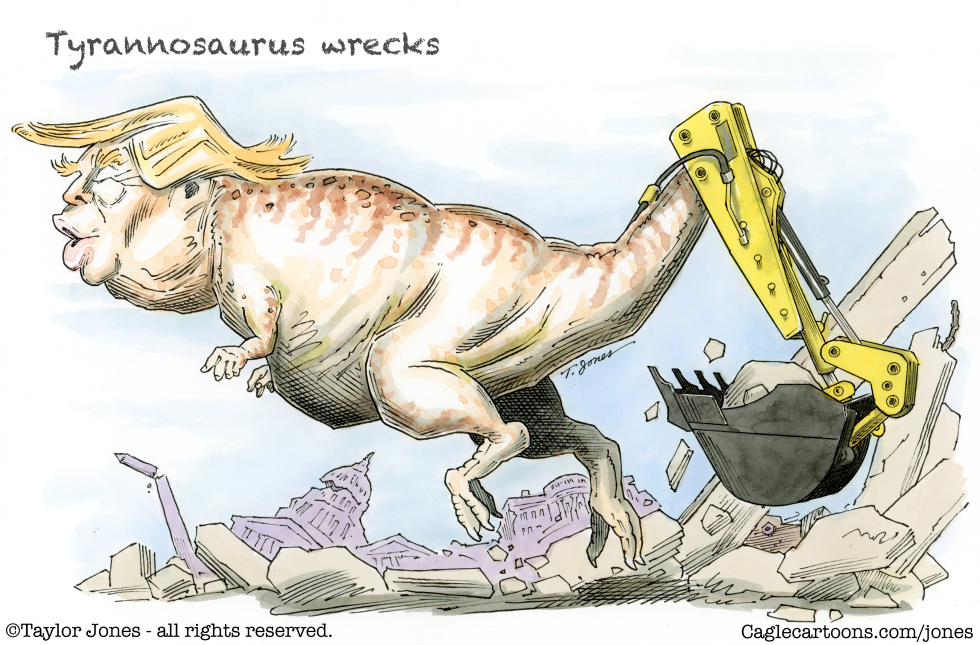 Trump depicted as T-Rex demolishing White House structures