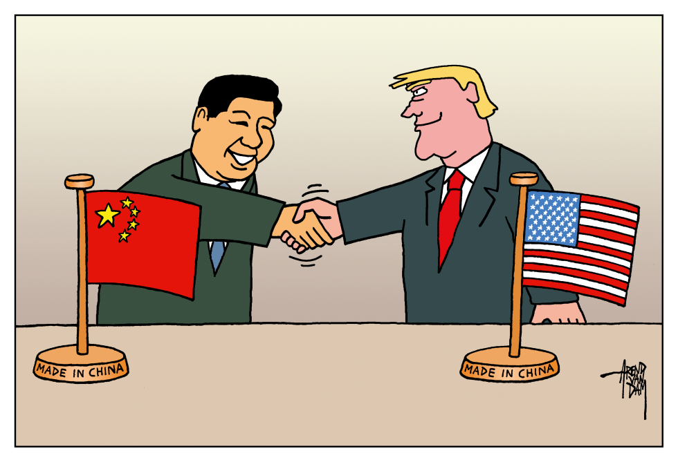Trump and Xi Jinping Shake Hands Over Made in China Flags