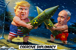 TRUMP AND PUTIN SHOWING NUCLEAR WEAPEN by Bart van Leeuwen