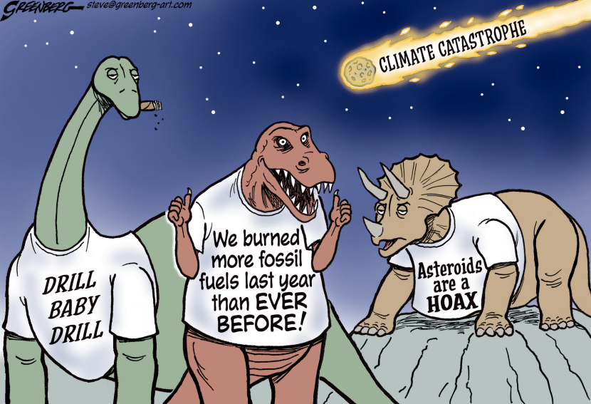 Dinosaurs cheer fossil fuels as an asteroid nears