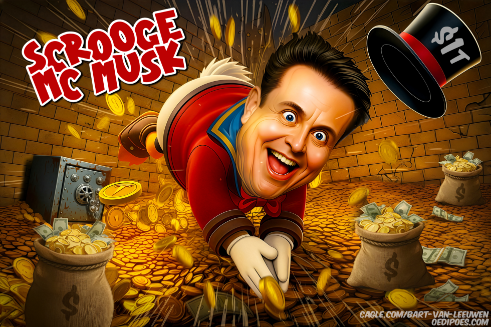 Elon Musk diving in money warehouse