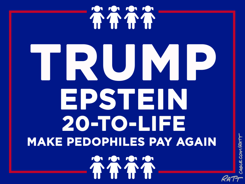 Cartoon Links Trump to Epstein in 20-to-Life Campaign Slogan