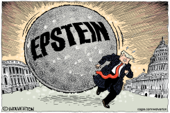 TRUMP FLEEING FROM GIANT EPSTEIN BOULDER by Monte Wolverton
