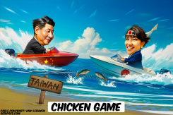 SANAE TAKAICHI AND XI JINPING PLAYING CHICKEN GAME by Bart van Leeuwen