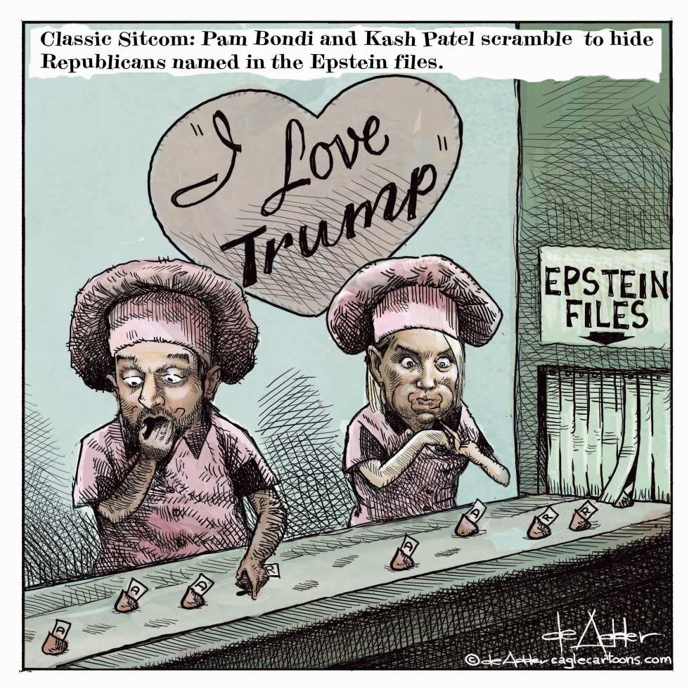 Bondi and Patel's Frantic Factory Fumble in Epstein Files Cartoon