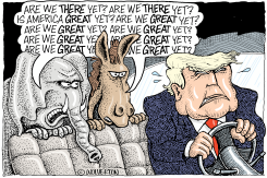 TRUMP DRIVING WHILE BEING ASKED ARE WE GREAT YET by Monte Wolverton