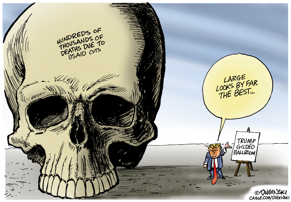 Trump points toward gilded ballroom sign near skull marked with USAID deaths