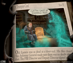 TRUMP AS SCROOGE VISITED BY EPSTEIN GHOST by Sean Delonas