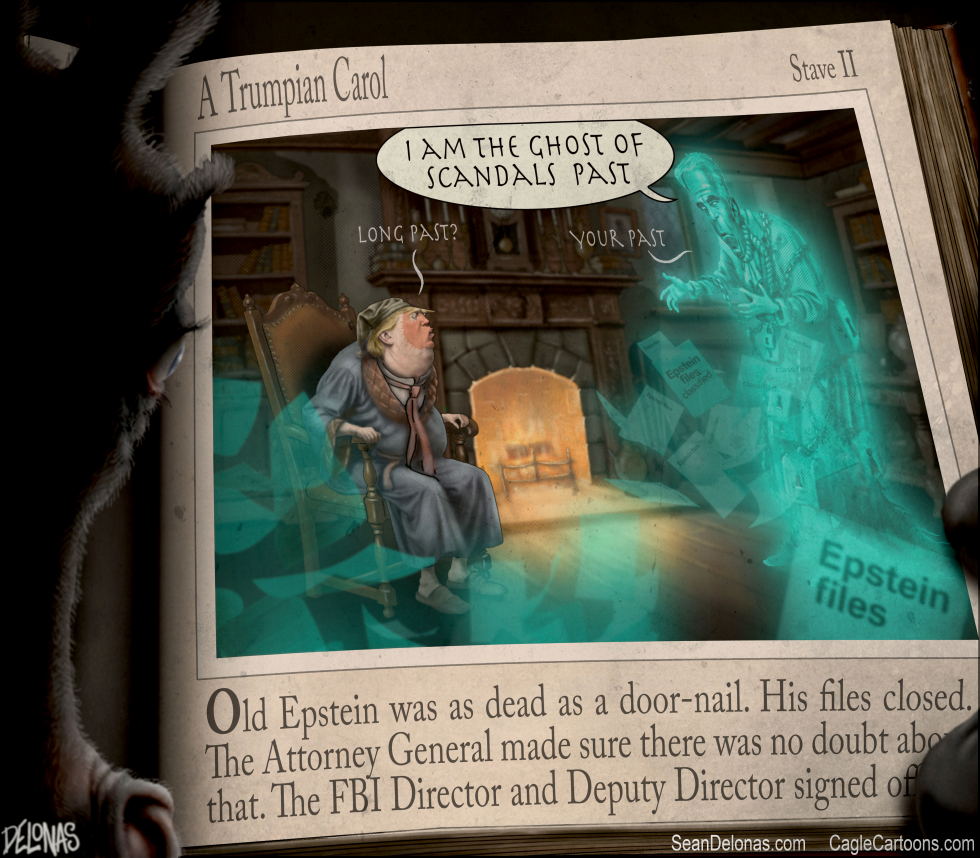 Trump as Scrooge visited by Epstein ghost