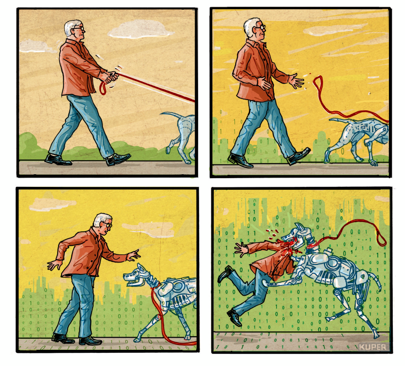 Peter Kuper Shows AI Leash Snapping in Four-Panel Warning