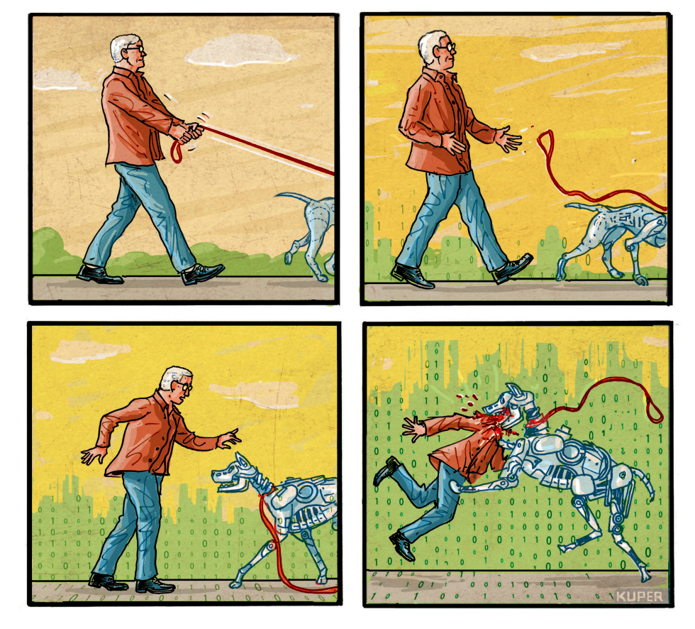 Peter Kuper Shows AI Leash Snapping in Four-Panel Warning