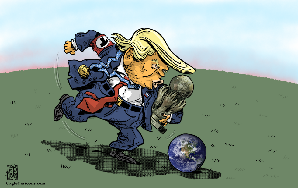 Trump Charges Forward with Trophy and Globe in Soccer Uniform