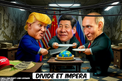 TRUM, XI, PUTIN DEVIDING CAKE by Bart van Leeuwen