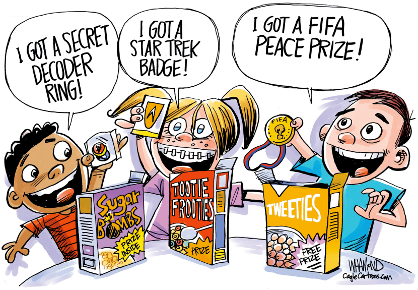 FIFA Peace Prize depicted as cereal box toy in cartoon mocking Trump award