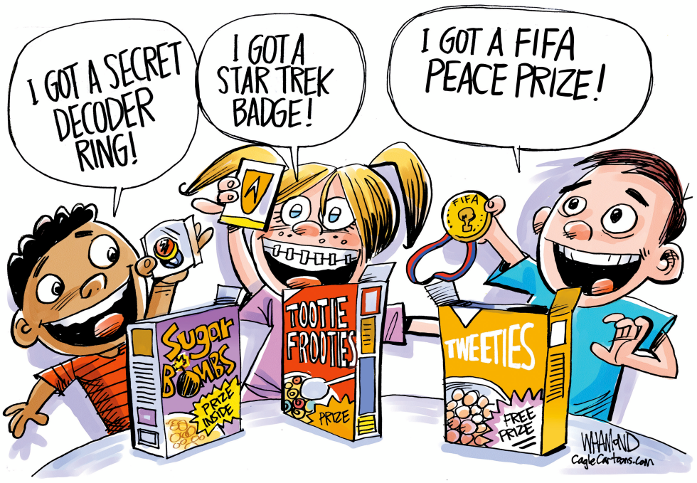 FIFA Peace Prize depicted as cereal box toy in cartoon mocking Trump award