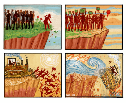 HUMANITY PUSHED OFF THE EVIRONMENTAL CLIFF by Peter Kuper