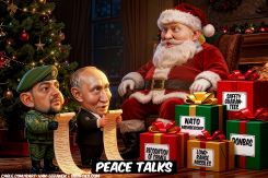 ZELENSKY, PUTIN STANDING IN FRONT OF SANTA TRUMP by Bart van Leeuwen